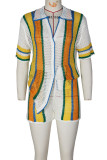 Green Casual Stripe Hollow Out Buckle Patchwork V Neck Short Sleeve Two Pieces