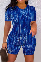 Deep Blue Casual Print Basic O Neck Short Sleeve Two Pieces