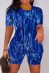 Deep Blue Casual Print Basic O Neck Short Sleeve Two Pieces