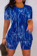 Deep Blue Casual Print Basic O Neck Short Sleeve Two Pieces