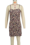 Leopard Print Sexy Leopard Print Patchwork Backless Slit Spaghetti Strap Sling Dresses