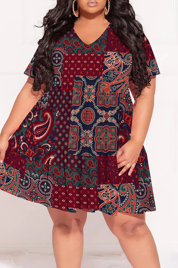 Burgundy Casual Print Patchwork V Neck Printed Plus Size Dresses