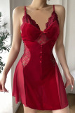 Burgundy Sexy Solid Color Lace Patchwork Backless Lingerie