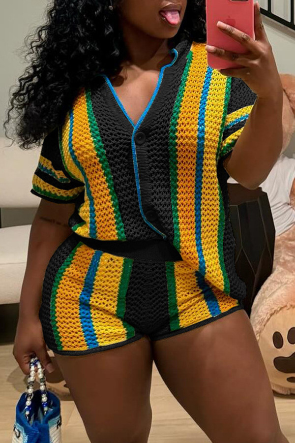 Black Yellow Casual Stripe Hollow Out Buckle Patchwork V Neck Short Sleeve Two Pieces