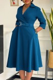 Red Casual Solid Color With Belt Turndown Collar A Line Dresses