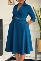 Malachite Green Casual Solid Color With Belt Turndown Collar A Line Dresses