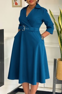 Malachite Green Casual Solid Color With Belt Turndown Collar A Line Dresses