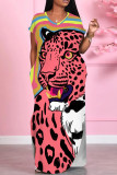 Pink Elegant Animal Print Pocket Patchwork V Neck Long Dresses