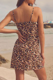 Leopard Print Sexy Leopard Print Patchwork Backless Slit Spaghetti Strap Sling Dresses