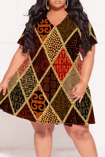 Burgundy Casual Print Patchwork V Neck Printed Plus Size Dresses