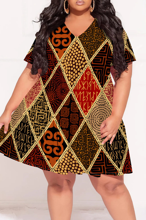 Burgundy Casual Print Patchwork V Neck Printed Plus Size Dresses