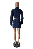 Deep Blue Casual Solid Color Slit Turndown Collar Long Sleeve Two Pieces