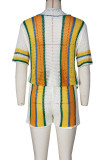 Green Casual Stripe Hollow Out Buckle Patchwork V Neck Short Sleeve Two Pieces