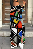 Blue Casual Geometric Print Patchwork Backless Slit Off Shoulder Long Dresses