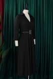 Red Casual Solid Color With Belt Turndown Collar A Line Dresses