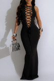 Black Elegant Solid Color Hollow Out Patchwork Cross Straps Asymmetrical Collar Long Dresses