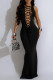 Black Elegant Solid Color Hollow Out Patchwork Cross Straps Asymmetrical Collar Long Dresses