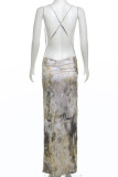Brown Sexy Print Patchwork High Slit Ruched V Neck Long Dresses