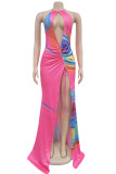 Rose Red Elegant Print Hollow Out Patchwork Backless High Slit Halter Long Dresses