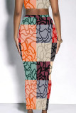 Orange Black Casual Colorblock Geometric Print Contrast Regular High Waist Full Print Bottoms