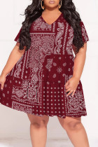 Burgundy Street Print Patchwork V Neck A Line Plus Size Dresses