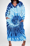 Blue Pink Casual Print Pocket Patchwork V Neck Straight Plus Size Dresses