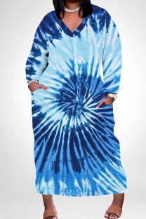 Blue Casual Print Pocket Patchwork V Neck Straight Plus Size Dresses
