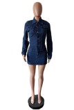 Deep Blue Casual Solid Color Slit Turndown Collar Long Sleeve Two Pieces