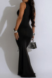 Black Elegant Solid Color Hollow Out Patchwork Cross Straps Asymmetrical Collar Long Dresses