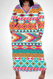 Blue Pink Casual Print Pocket Patchwork V Neck Straight Plus Size Dresses