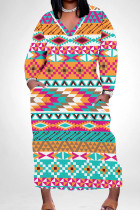 Multicolor Casual Print Pocket Patchwork V Neck Straight Plus Size Dresses