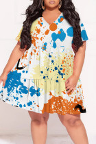 Multicolor Casual Geometric Print Flowers Splashed ink printing Contrast V Neck Printed Plus Size Dresses