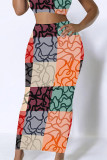 Orange Black Casual Colorblock Geometric Print Contrast Regular High Waist Full Print Bottoms