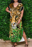 Pink Elegant Animal Print Pocket Patchwork V Neck Long Dresses