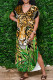 Green Yellow Elegant Animal Print Pocket Patchwork V Neck Long Dresses