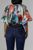 Blue Casual Solid Color Print Basic O Neck Tops