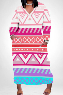 Rose Red Casual Print Pocket Patchwork V Neck Straight Plus Size Dresses