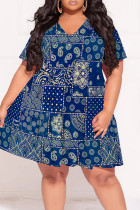 Dark Blue Casual Print Patchwork V Neck Printed Plus Size Dresses