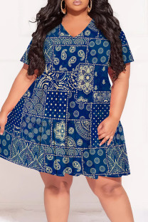 Dark Blue Casual Print Patchwork V Neck Printed Plus Size Dresses