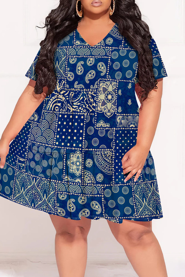 Dark Blue Casual Print Patchwork V Neck Printed Plus Size Dresses