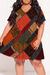 Orange Street Print Patchwork V Neck A Line Plus Size Dresses