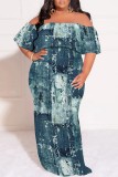 Deep Blue Casual Print Patchwork Off Shoulder Long Plus Size Dresses