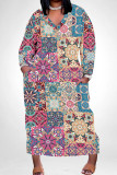 Blue Pink Casual Print Pocket Patchwork V Neck Straight Plus Size Dresses