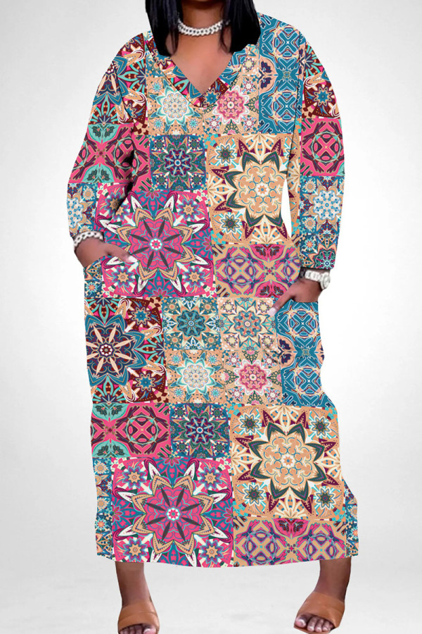 Blue Pink Casual Print Pocket Patchwork V Neck Straight Plus Size Dresses