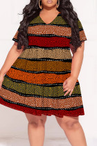 Multicolor Casual Print Patchwork V Neck Printed Plus Size Dresses