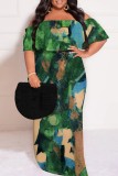 Blue Casual Print Patchwork Off Shoulder Long Plus Size Dresses