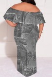 Deep Blue Casual Print Patchwork Off Shoulder Long Plus Size Dresses
