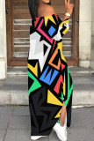 Blue Casual Geometric Print Patchwork Backless Slit Off Shoulder Long Dresses