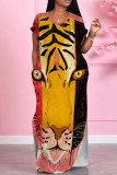 Pink Elegant Animal Print Pocket Patchwork V Neck Long Dresses