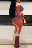 Orange Sexy Print Patchwork O Neck Sheath Dresses